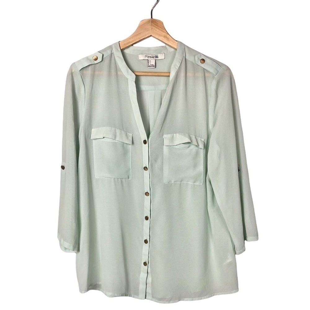 Forever 21 Mint Green Button Down Sheer Professional‎ Long Sleeve Blouse L
